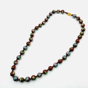 Vintage Chinese Cloisonné Beaded Necklace Hand Knotted Floral Red